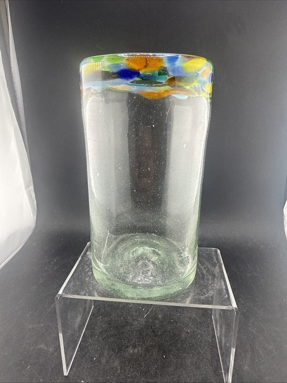 Mexican Hand Blown Glass Tumbler Confetti Rainbow Rim Recycled Pontil Mark 16oz